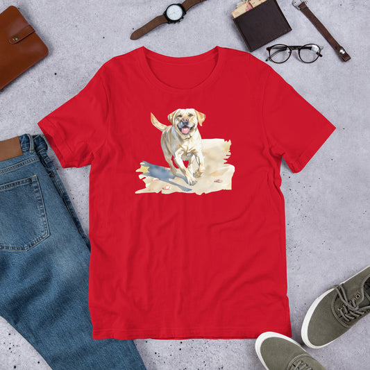 "Lab On A Beach  " - Fun Labrador T-Shirt Red t-shirt with a dog graphic on a gray surface with casual items around