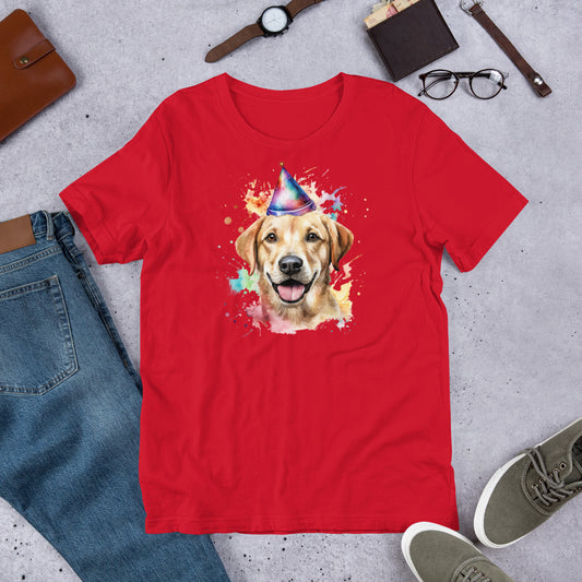 "Party Hat Lab " - Fun Labrador T-Shirt Red t-shirt with a dog wearing a party hat graphic, surrounded by casual items on a concrete surface.