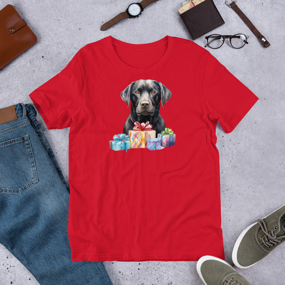 "Black Lab With Presents " – Fun Labrador T-Shirt Red t-shirt with a dog and gift boxes design, surrounded by jeans, shoes, and accessories on a concrete surface.