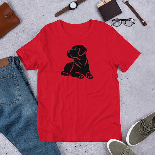"Black Lab Lying Down " – Fun Labrador T-Shirt Red t-shirt with a black dog graphic on a gray surface with jeans, shoes, and accessories.