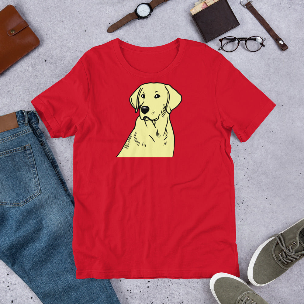 "Labrador Outline " – Fun Labrador T-Shirt Red t-shirt with a yellow dog graphic on a gray surface with jeans, shoes, and accessories.
