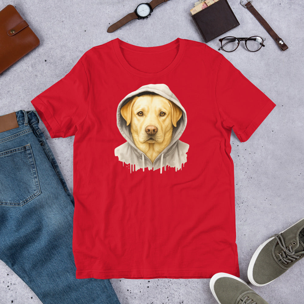 "Yellow Labrador In A Hoodie " – Fun Labrador T-Shirt Red t-shirt with a dog graphic on a gray surface with casual items around