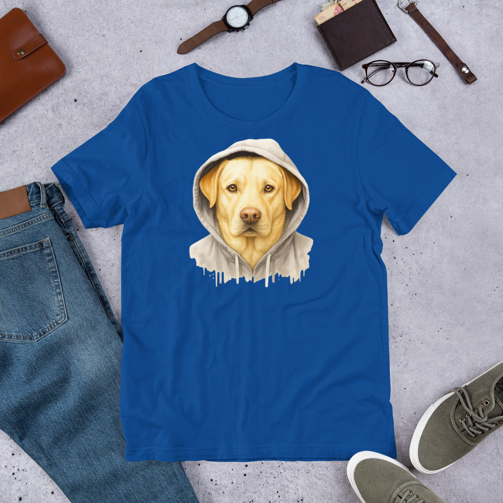 "Yellow Labrador In A Hoodie " – Fun Labrador T-Shirt Blue t-shirt with a dog in a hoodie graphic on a gray surface with jeans, shoes, and accessories.