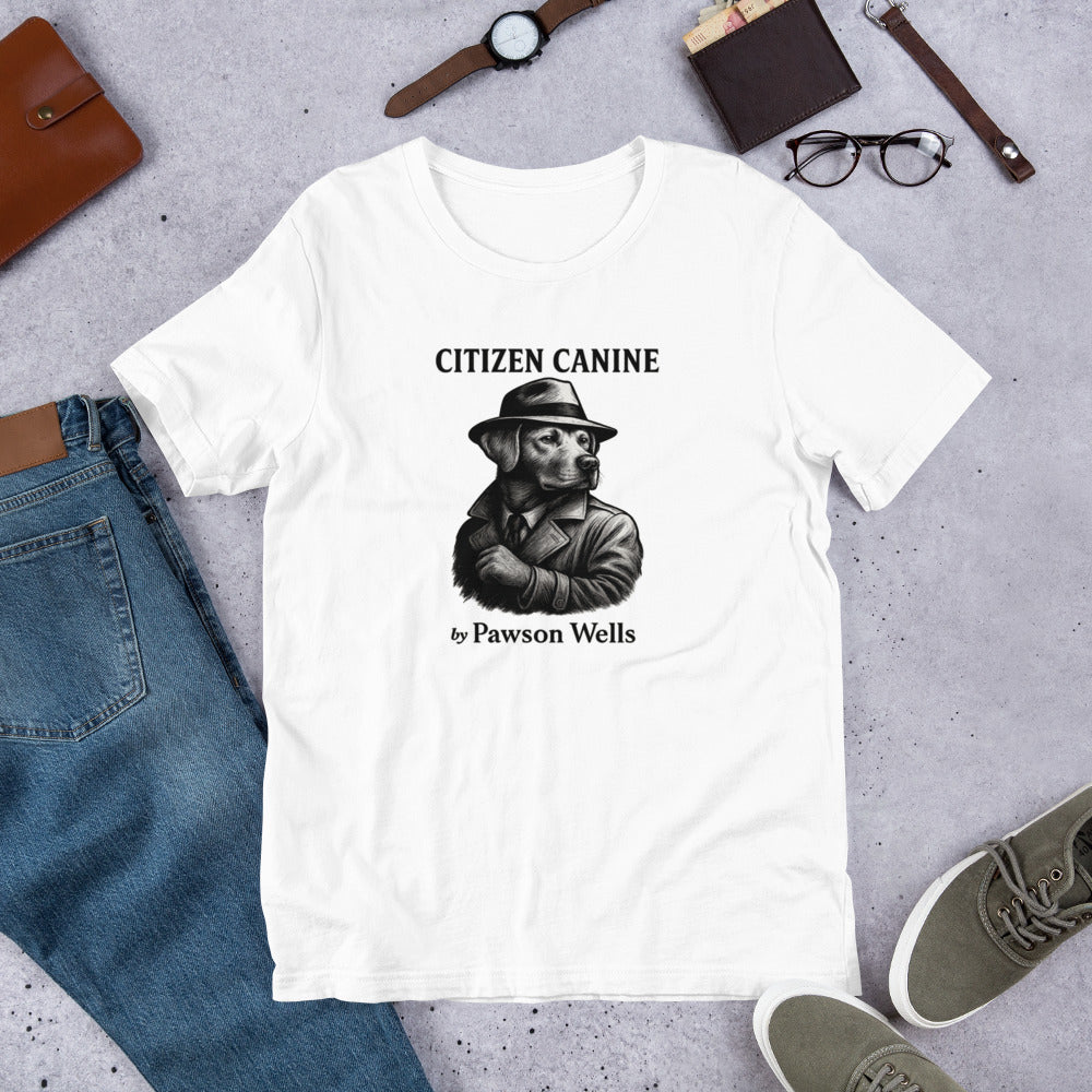 "Citizen Canine" - Fun Labrador T-Shirt White t-shirt with 'Citizen Canine' graphic and text, displayed with jeans, shoes, and accessories on a gray surface.