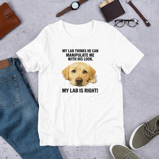 "My Dog Thinks" - Yellow Lab - Fun Labrador T-Shirt White t-shirt with a dog graphic and text on a gray surface with jeans, shoes, and accessories.