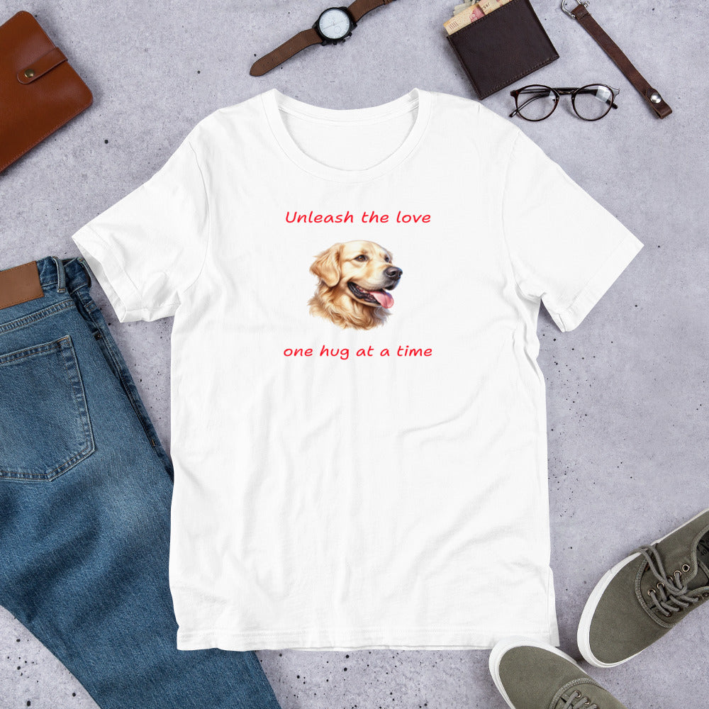 "Unleash The Love" - Funny Labrador T-Shirt White t-shirt with a dog graphic and text on a gray surface with jeans, shoes, and accessories.