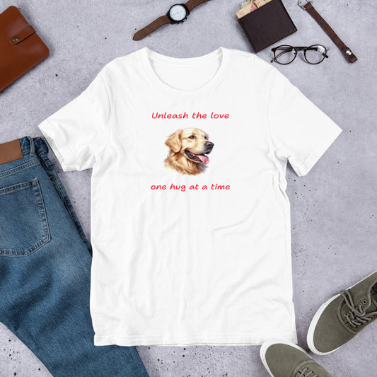 "Unleash The Love" - Funny Labrador T-Shirt White t-shirt with a dog graphic and text on a gray surface with jeans, shoes, and accessories.