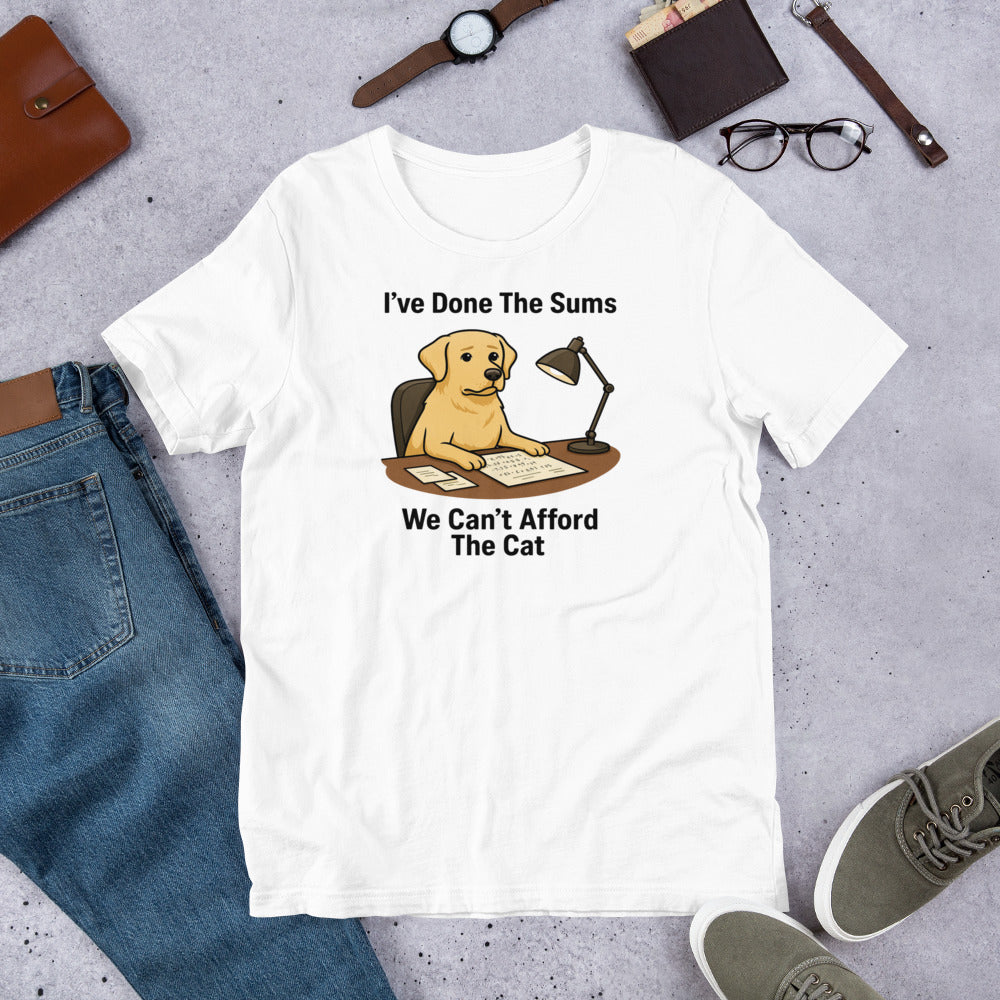 "I've Done The Sums" - Fun Labrador T-Shirt  White t-shirt with a dog graphic and text on a gray surface with jeans, shoes, and accessories.