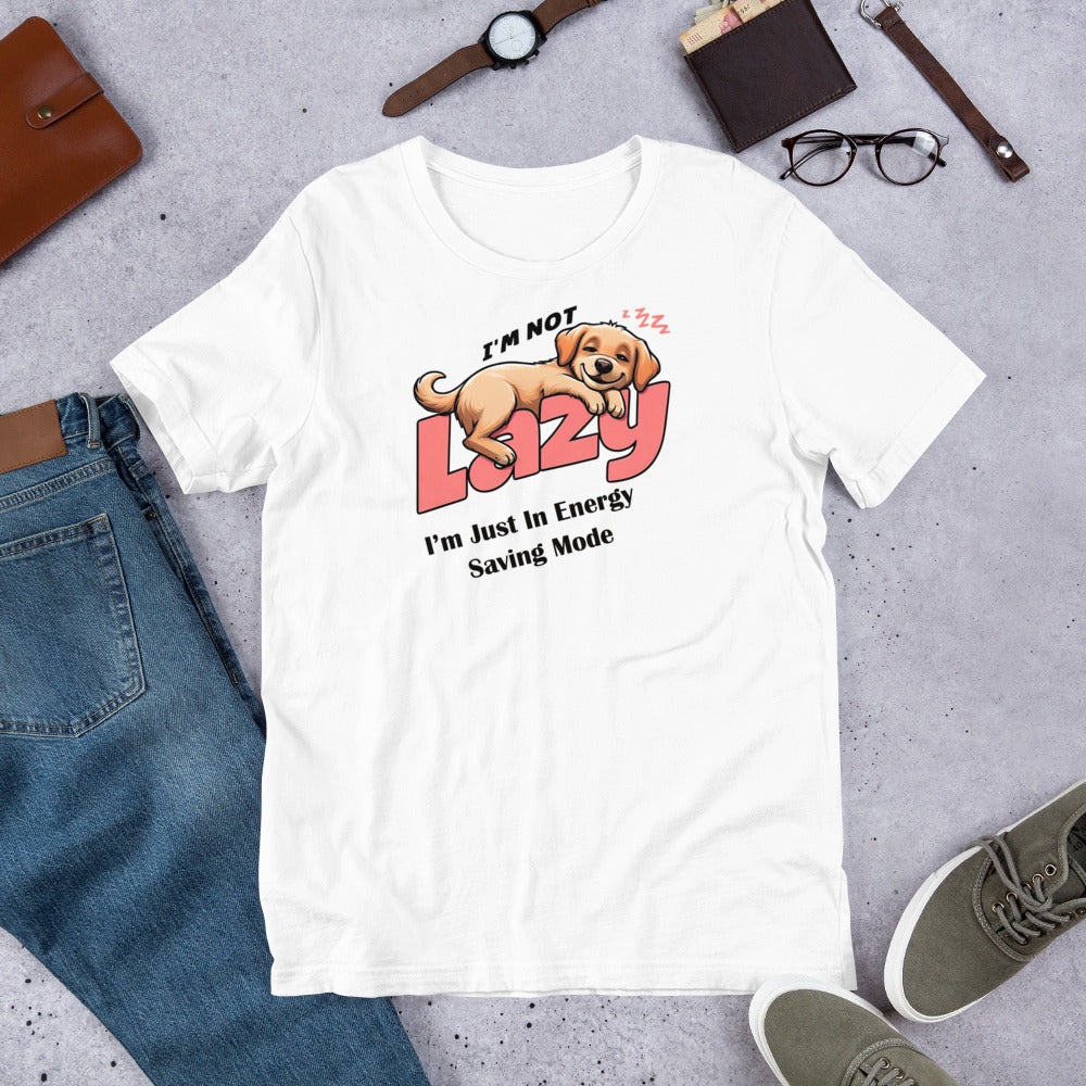 "I'm Not Lazy" - Fun Labrador T-Shirt White t-shirt with a dog graphic and text on a gray surface with jeans, shoes, and accessories.