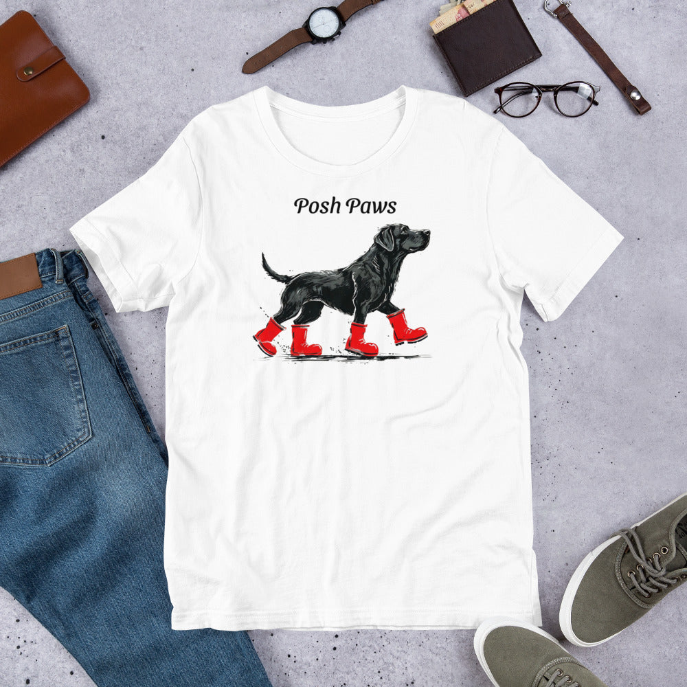 "Posh Paws" - Fun Labrador T-Shirt White t-shirt with a dog graphic and 'Posh Paws' text, surrounded by jeans, shoes, and accessories on a gray surface.
