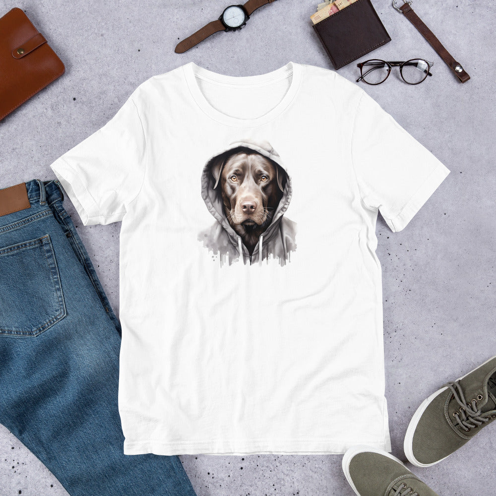 "Brown Lab in A Hoodie  " - Fun Labrador T-Shirt White t-shirt with a dog graphic on a gray surface with jeans, shoes, and accessories.