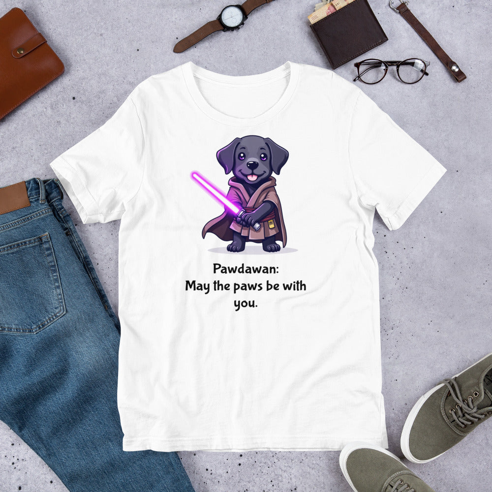 "Pawdawan  " - Fun Labrador T-Shirt White t-shirt with a dog graphic and text on a gray surface with casual items.