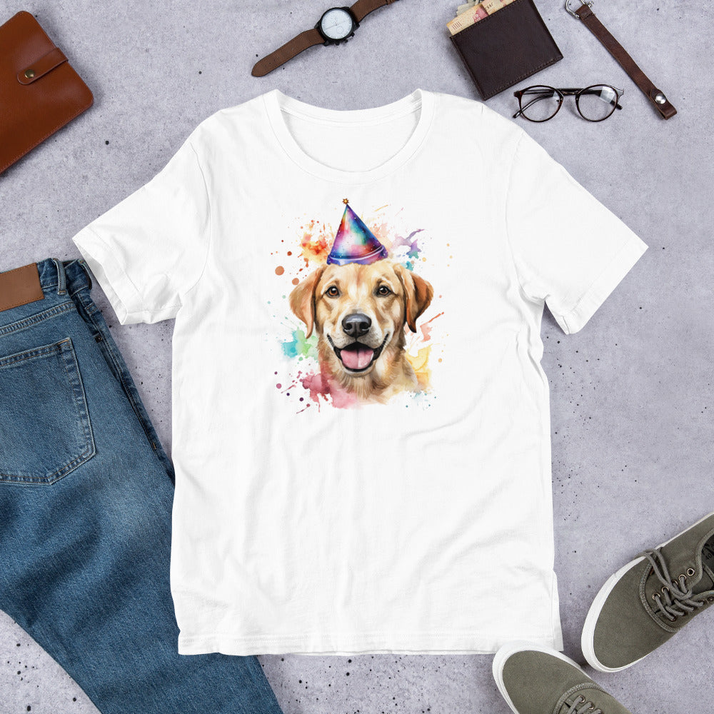 "Party Hat Lab " - Fun Labrador T-Shirt White t-shirt with a dog wearing a party hat graphic, surrounded by jeans, shoes, and accessories on a gray surface.