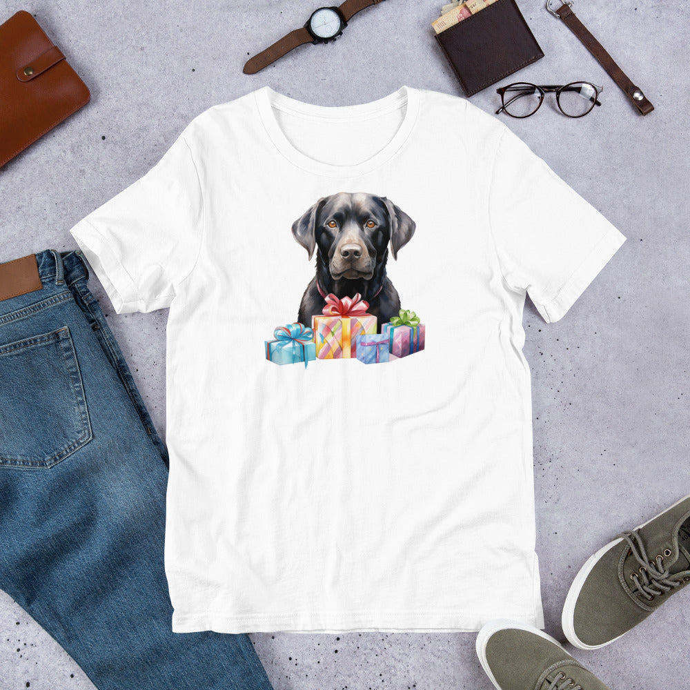 "Black Lab With Presents " – Fun Labrador T-Shirt White t-shirt with a dog graphic surrounded by presents on a gray surface with jeans, shoes, and accessories.