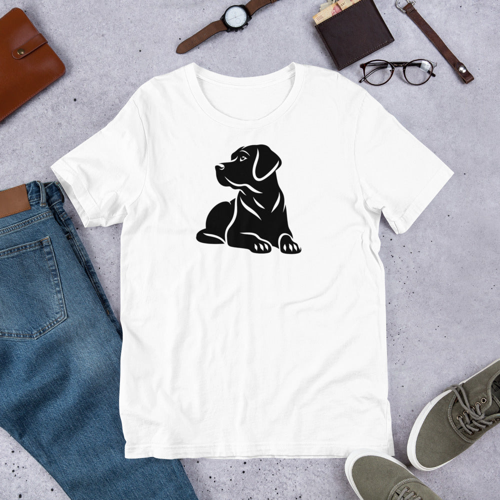"Black Lab Lying Down " – Fun Labrador T-Shirt White t-shirt with a black dog graphic on a gray surface with jeans, shoes, and accessories.