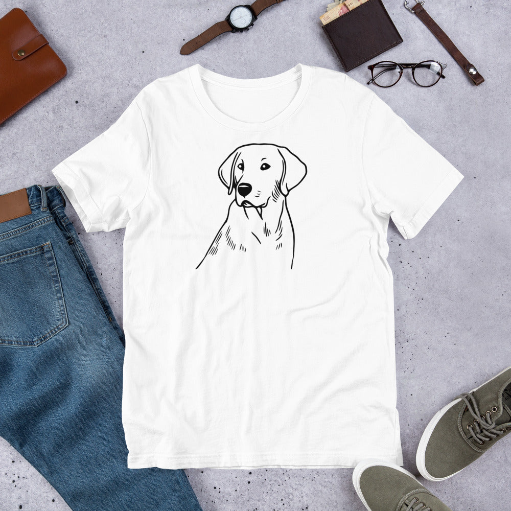"Labrador Outline " – Fun Labrador T-Shirt White t-shirt with a dog illustration on a gray surface with jeans, shoes, and accessories.