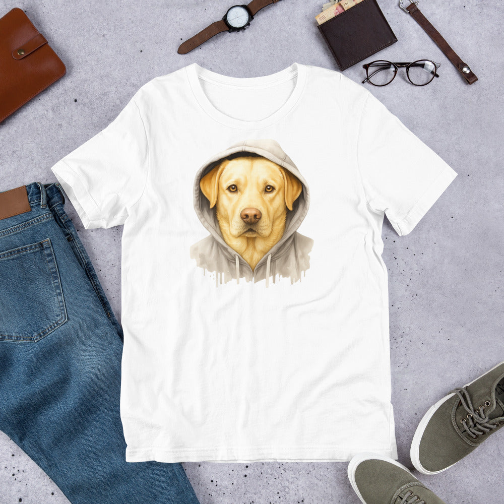 "Yellow Labrador In A Hoodie " – Fun Labrador T-Shirt White t-shirt with a dog wearing a hoodie graphic, placed on a gray surface with jeans, shoes, and accessories.