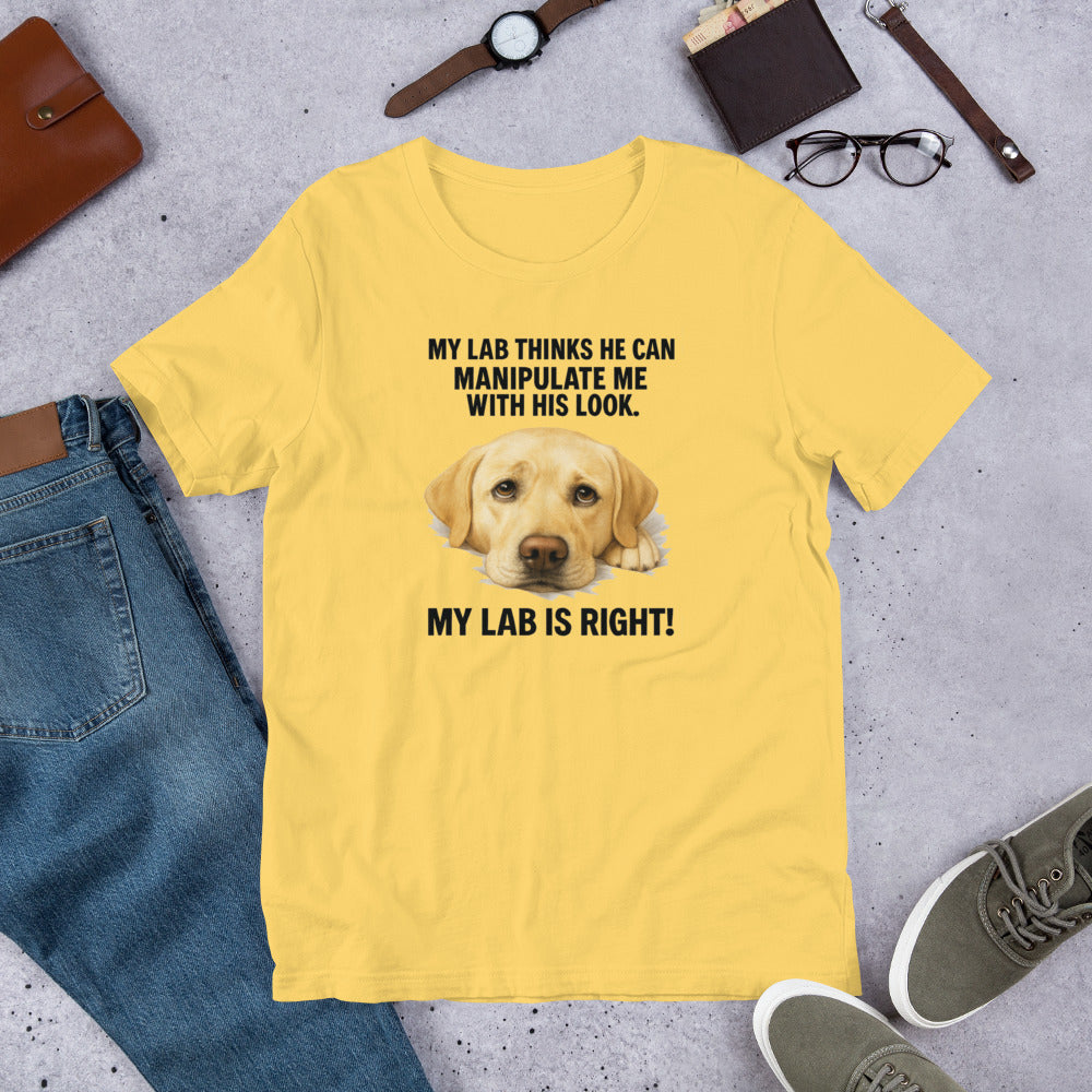 "My Dog Thinks" - Yellow Lab - Fun Labrador T-Shirt Yellow t-shirt with a labrador graphic and text on a gray surface with casual items.