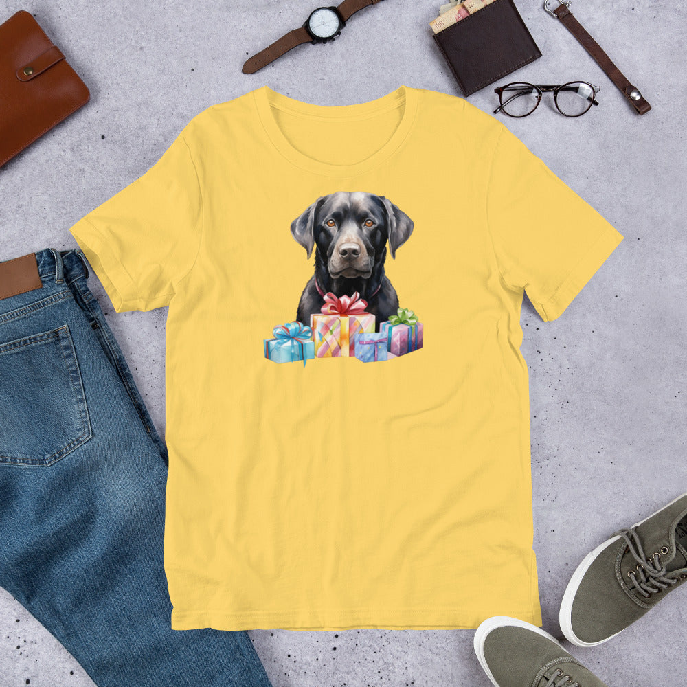"Black Lab With Presents " – Fun Labrador T-Shirt Yellow t-shirt with a dog and gift boxes design, surrounded by jeans, shoes, and accessories on a concrete surface.